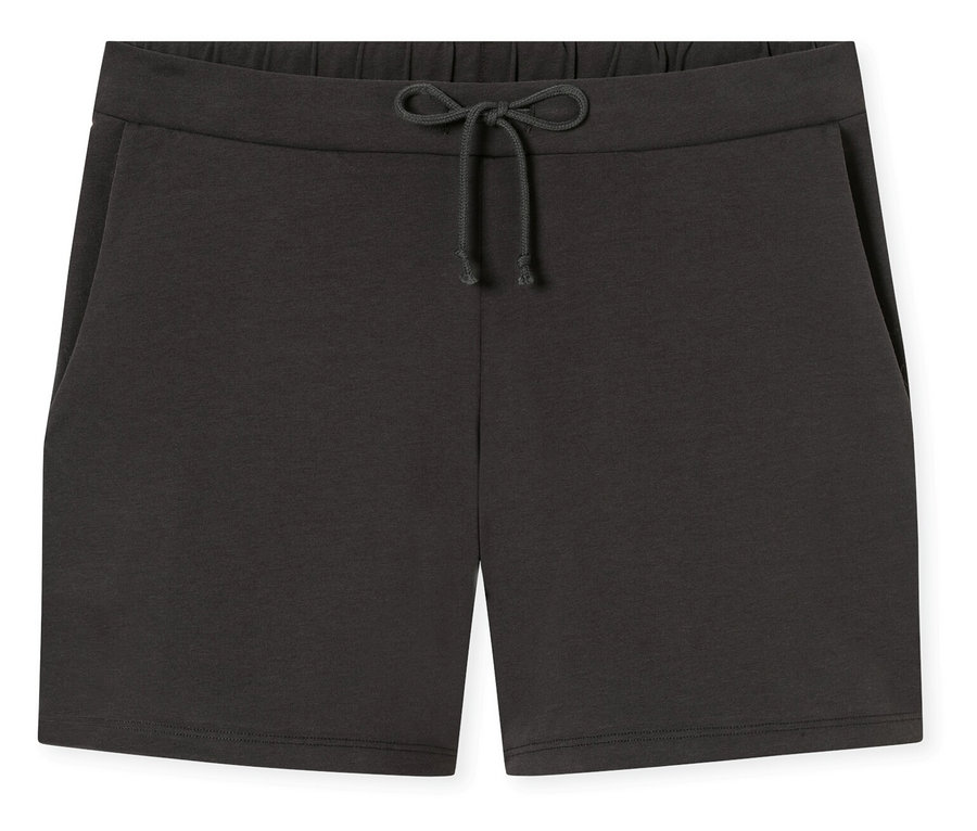 Dunkelgraue Shorts mit Kordelzug auf weißem Hintergrund.