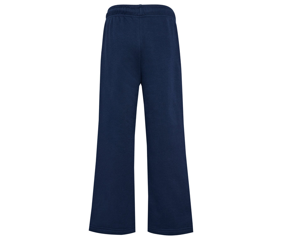 Die hummel® HMLJR Loose WL Pintug Sweatpants sind marineblau und liegen auf einem weißen Hintergrund.
