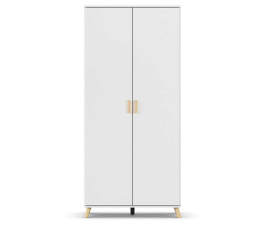 Weißer Schrank mit zwei Türen und goldenen Griffen steht auf einem weißen Hintergrund.