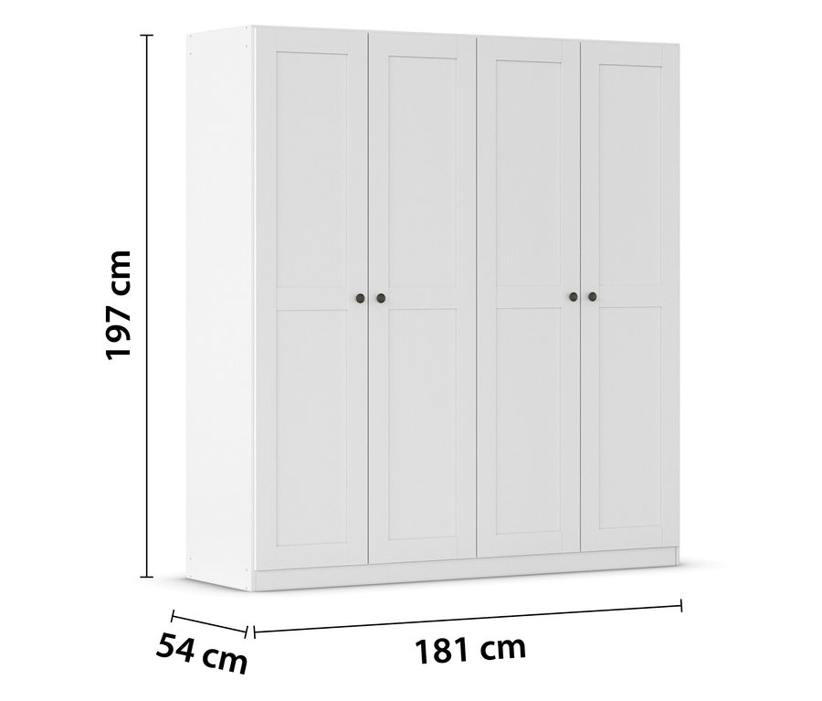 Weißer Kleiderschrank mit vier Türen und silbernen Griffen. Die Maße sind 197 cm hoch, 181 cm breit und 54 cm tief.