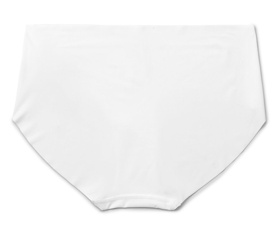 Weißer, schlichter Bikini-Slip, flach liegend.