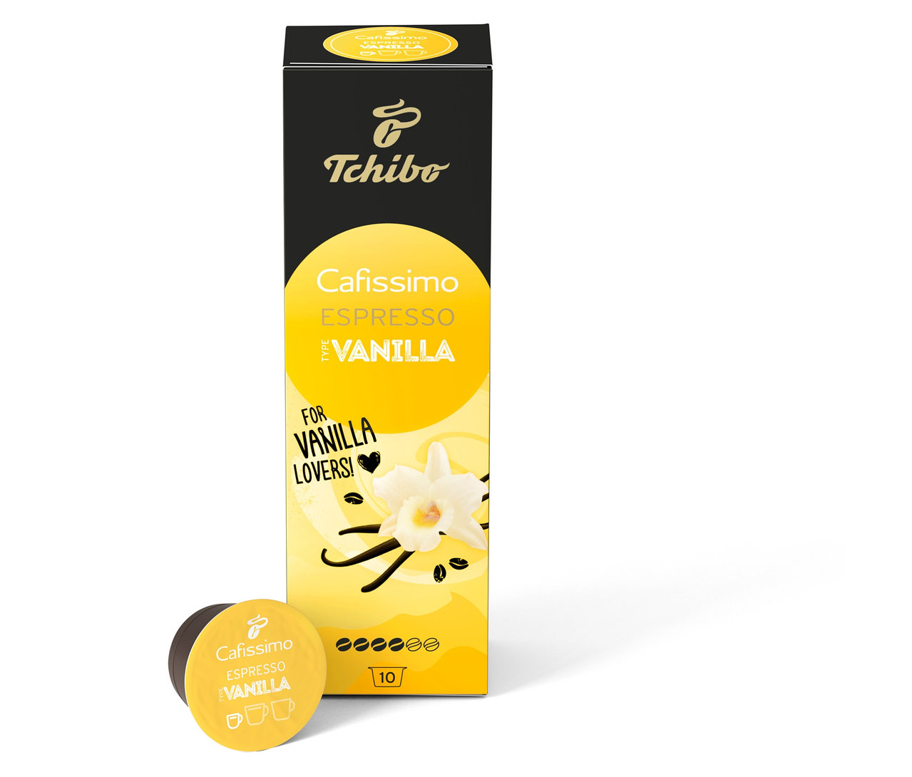 Eine Packung Cafissimo Flavoured Espresso - Vanilla - 10 Kapseln und eine einzelne Kapsel sind auf einem weißen Hintergrund zu sehen.
