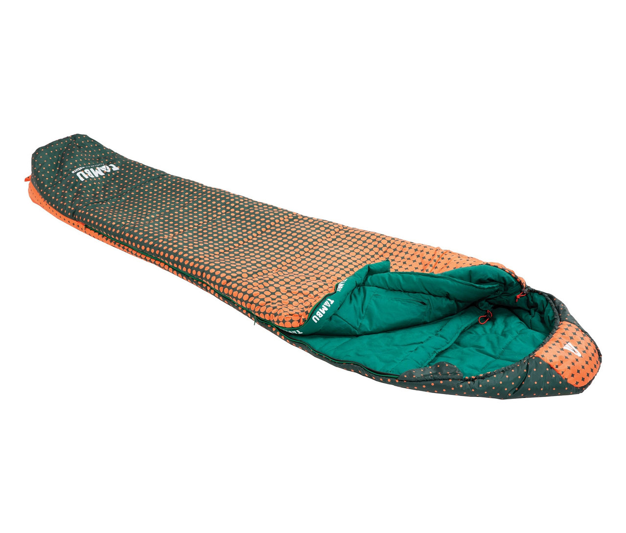 Der geöffnete Tambu »KARA 1.600« Mumienschlafsack ist grün mit orangenen Punkten und einem grünen Innenfutter.