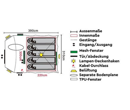 Draufsicht einer Zeltgrundrissskizze mit Abmessungen und Beschriftungen auf Deutsch.