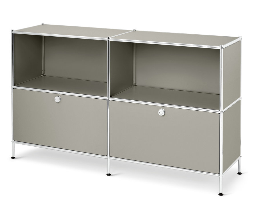 Grauer Schrank mit zwei offenen Fächern und zwei Schubladen.