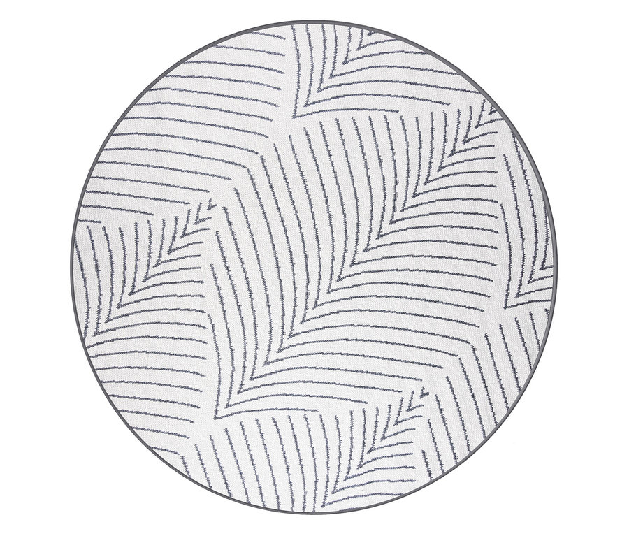 Runder Teppich mit grauem Blattmuster auf weißem Grund.