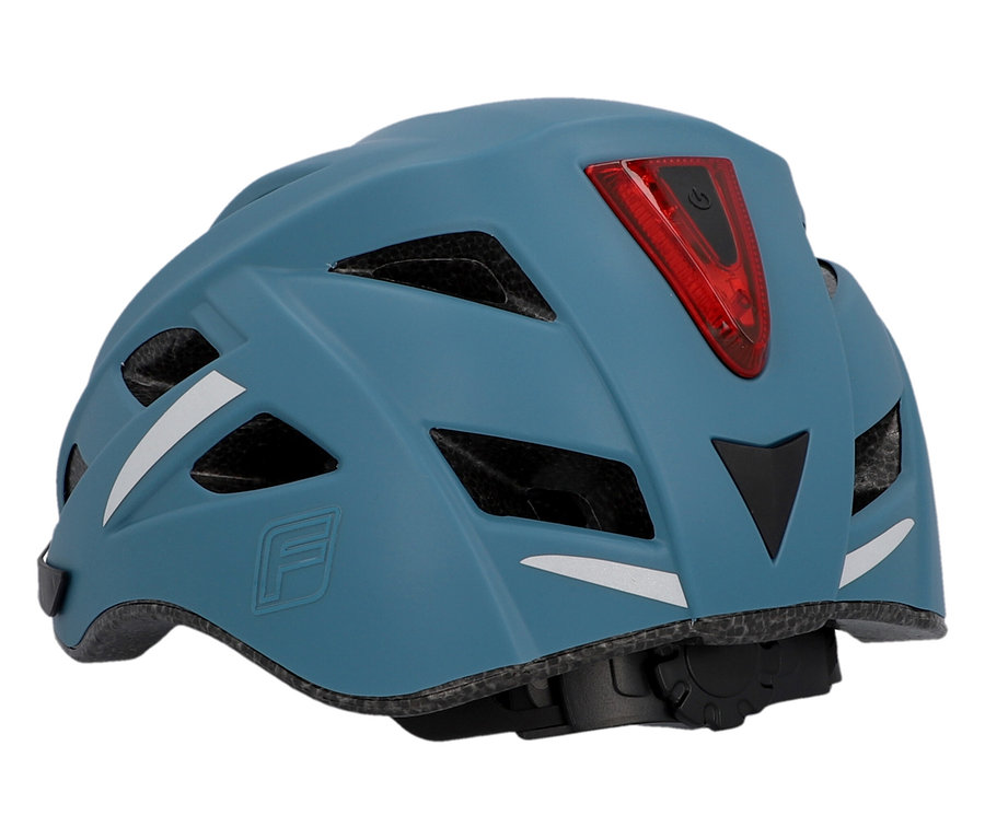 Blauer FISCHER Fahrradhelm Urban PLUS Chicago mit rotem Rücklicht und weißen Reflektoren, von hinten fotografiert.