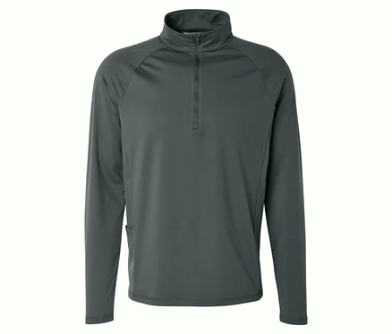 Dunkelgrünes Thermo-Sportshirt mit Stehkragen und halbem Reißverschluss.