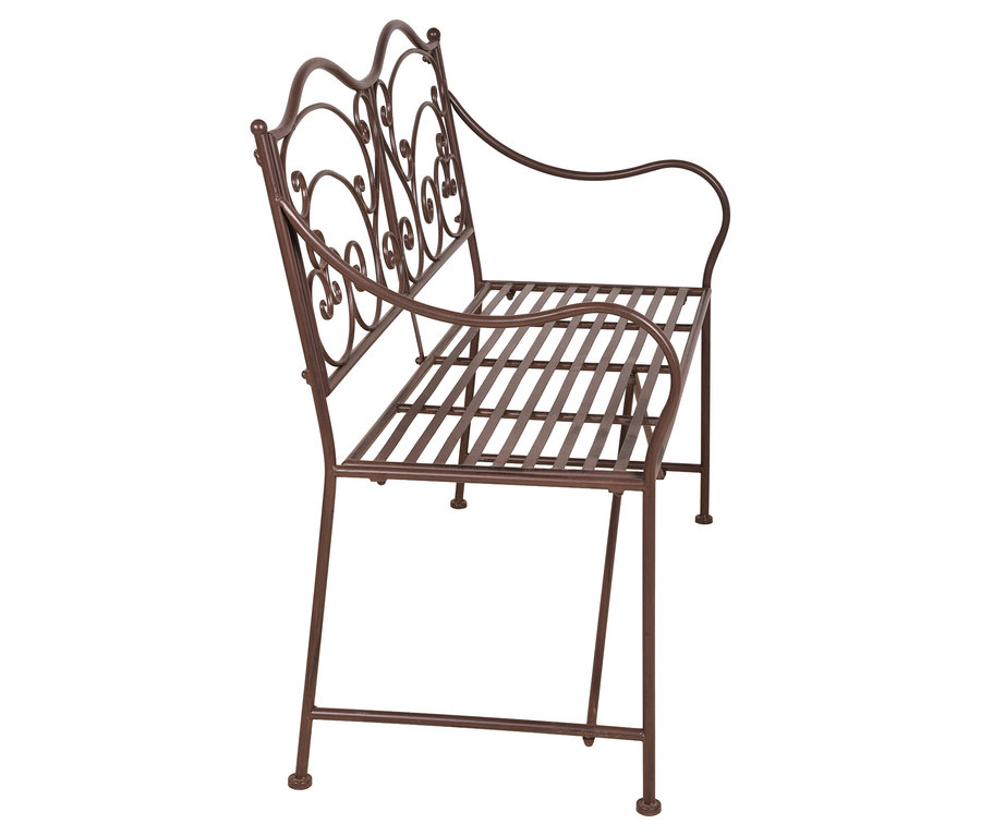 Braune Gartenbank aus Metall mit geschwungenen Verzierungen an der Rückenlehne.