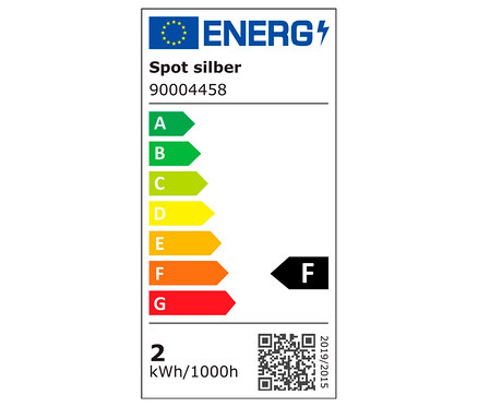 Energielabel für Spot Silber 90004458, Energieeffizienzklasse F, Verbrauch 2 kWh/1000h, Skala von A bis G, Gültigkeit 2019/2015.