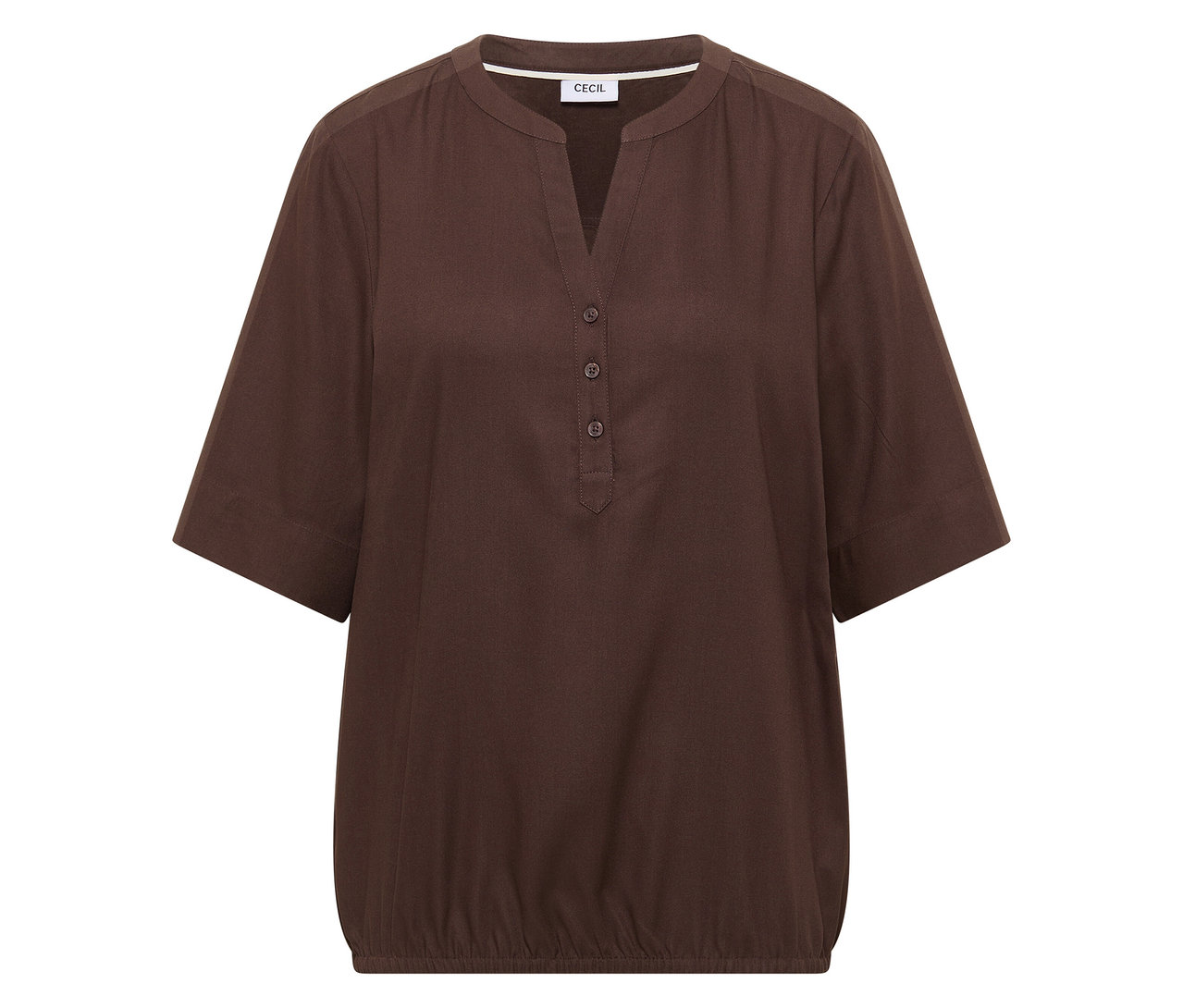 Braune CECIL Tunikabluse mit V-Ausschnitt und kurzen Ärmeln.