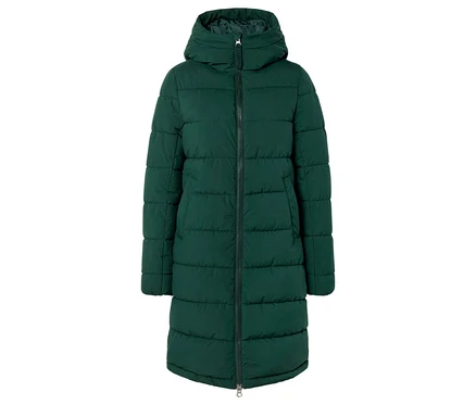 Grüne, lange Steppjacke mit Kapuze und Reißverschluss vorne.