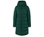 Grüne, lange Steppjacke mit Kapuze und Reißverschluss vorne.