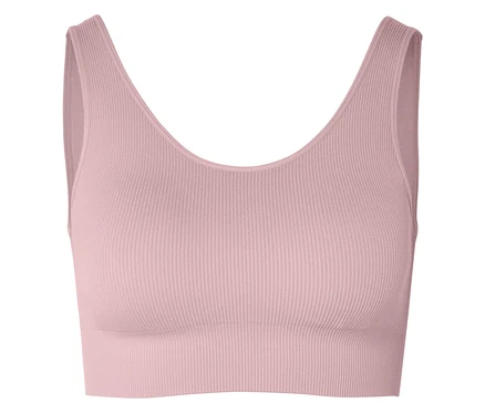Nahaufnahme eines gerippten, rosa Sport-BHs mit V-Ausschnitt vor einem weißen Hintergrund.