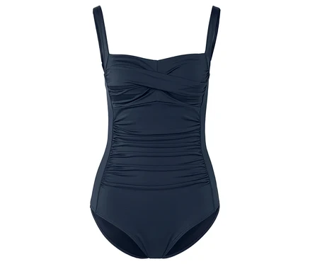 Marineblauer Badeanzug mit Raffung und Trägern.