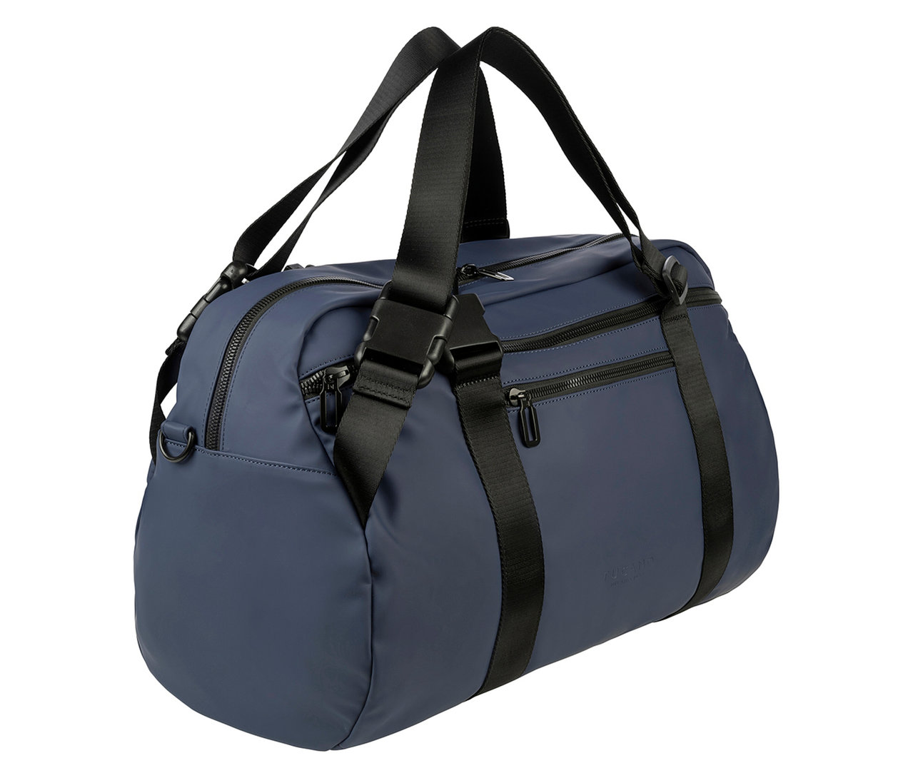 Marineblaue Reisetasche mit schwarzen Trägern und Reißverschlüssen.