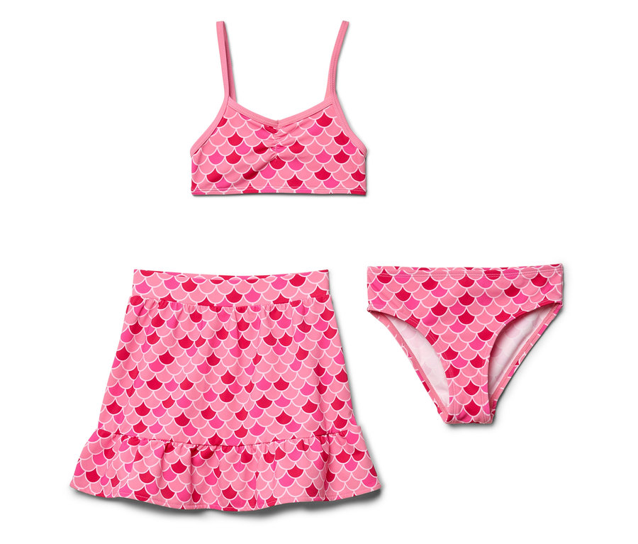 Rosa Mädchen Badebekleidung mit Fischschuppenmuster, bestehend aus einem Top, einer Badehose und einem Rock.