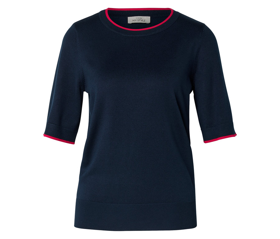 Marineblaues Strickoberteil mit Dreiviertelärmeln und rotem Saum an Ärmeln und Halsausschnitt.