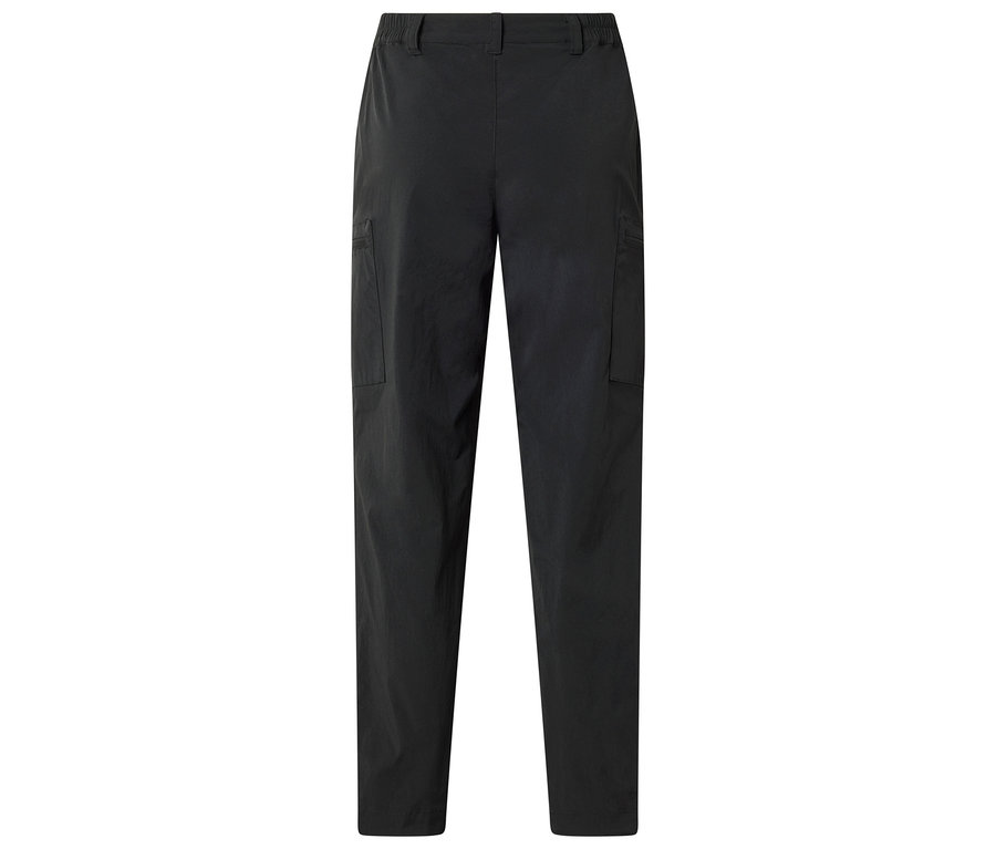 Schwarze Cargohose mit Seitentaschen auf weißem Hintergrund.
