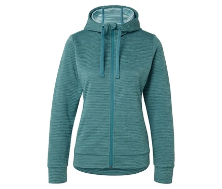 Eine aquamarinefarbene Kapuzenjacke mit Reißverschluss wird vor einem weißen Hintergrund gezeigt.