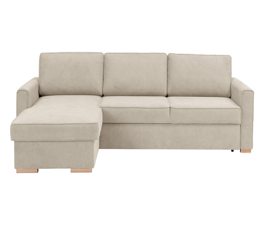 Beiges Ecksofa mit drei Sitzkissen und einer Ottomane auf der linken Seite.