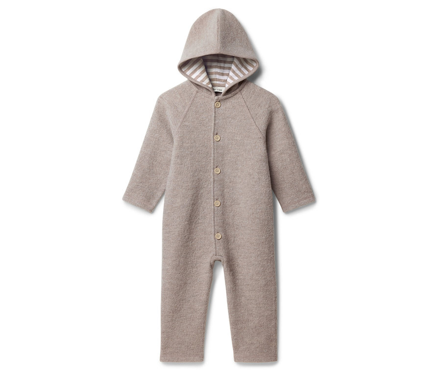 Beiger Wollwalk Overall mit Kapuze und Knopfleiste.