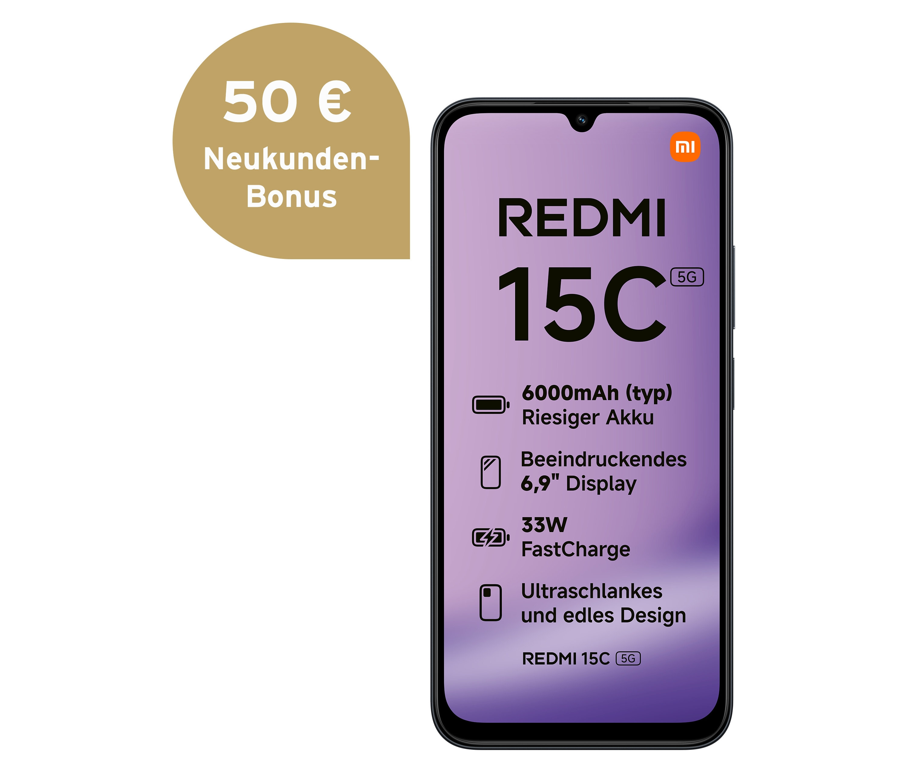 Abbildung eines Xiaomi Redmi 15C 5G 128 GB in Midnight Black. Auf dem Display werden Details wie Akku und Displaygröße angezeigt.