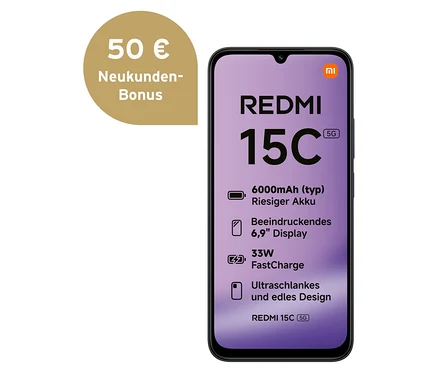 Abbildung eines Xiaomi Redmi 15C 5G 128 GB in Midnight Black. Auf dem Display werden Details wie Akku und Displaygröße angezeigt.