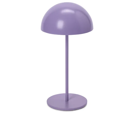 Lila Lampe mit rundem Schirm und Fuß.