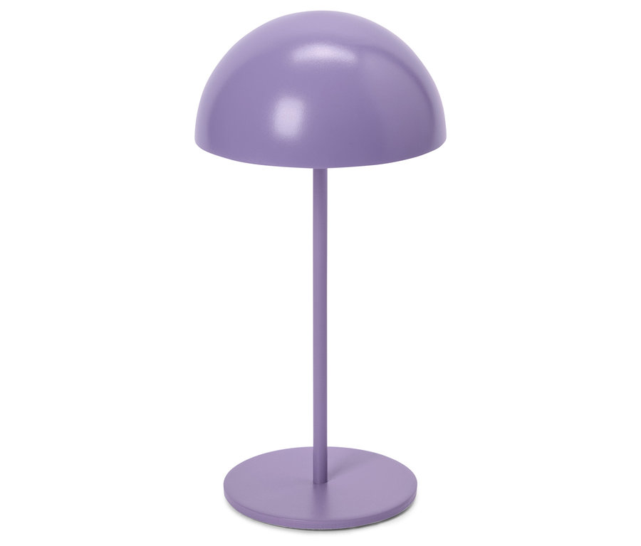 Lila Lampe mit rundem Schirm und Fuß.