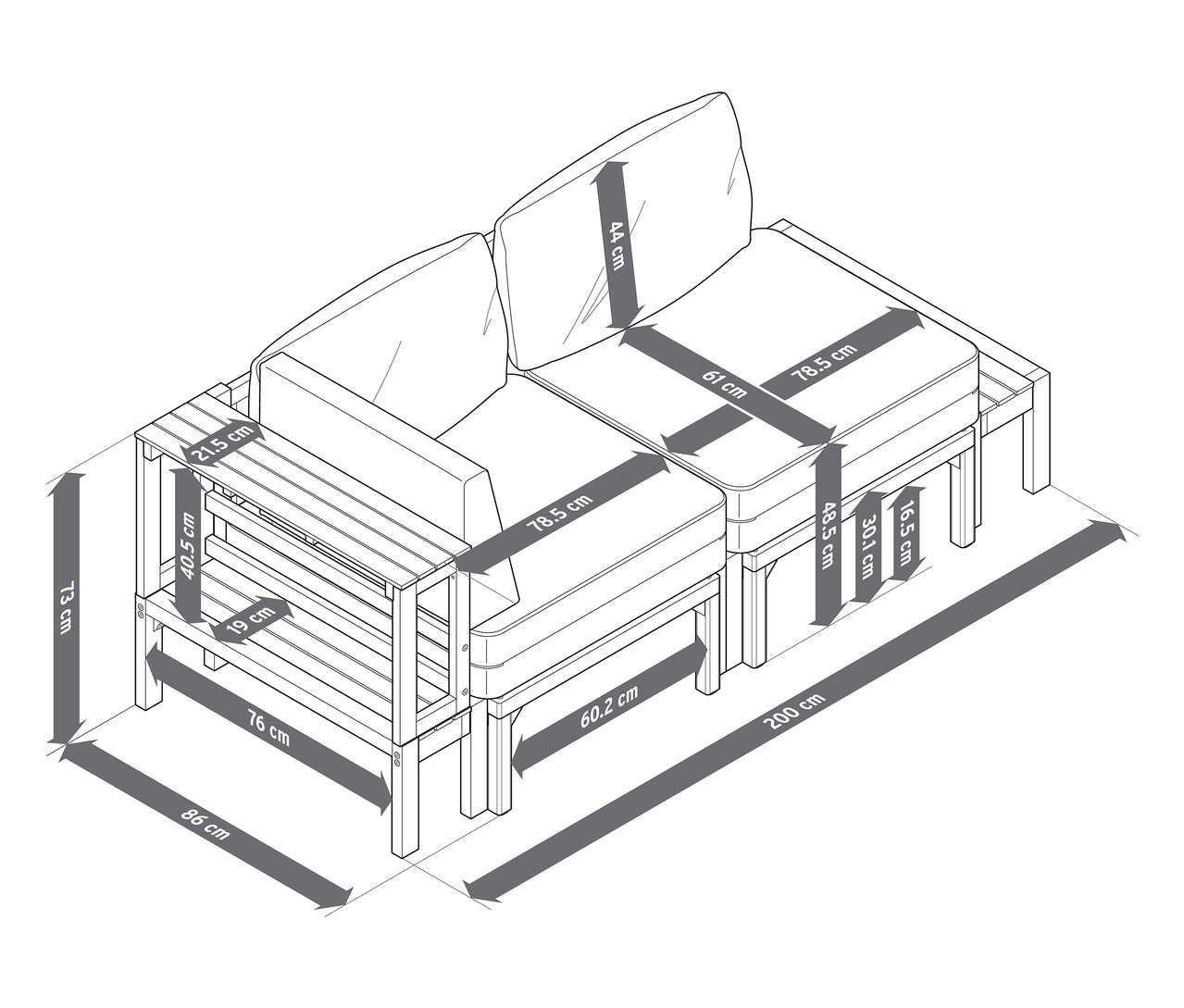 Abbildung eines Gartensofas mit separat ausziehbaren Fußlehnen und Maßangaben.