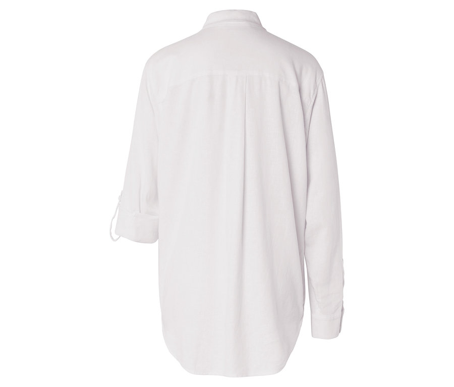 Rückansicht eines weißen, langärmligen Hemdes mit Kragen.