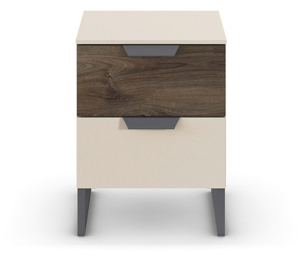 Ein weißer Nachttisch mit zwei Schubladen, die obere aus dunklem Holz.
