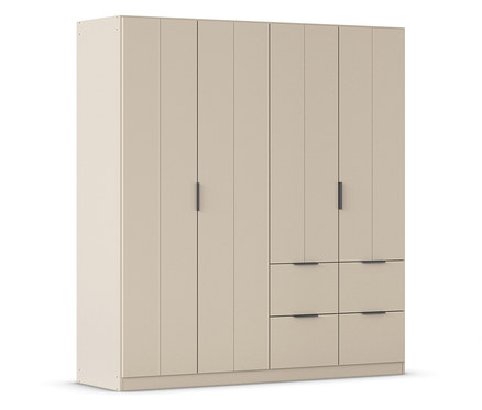 Beiger Kleiderschrank mit sechs Türen und sechs Schubladen mit dunklen Griffen.