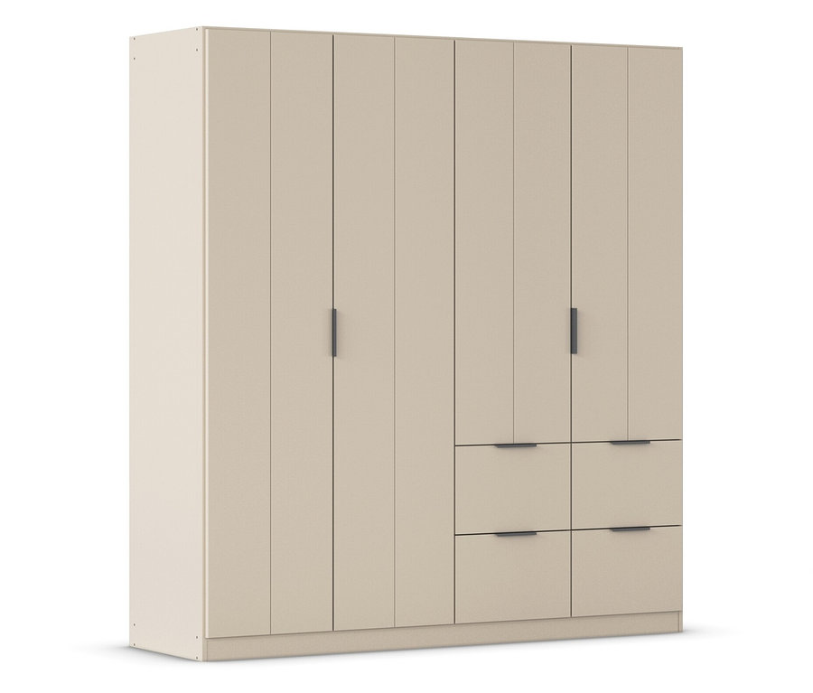 Beiger Kleiderschrank mit sechs Türen und sechs Schubladen mit dunklen Griffen.