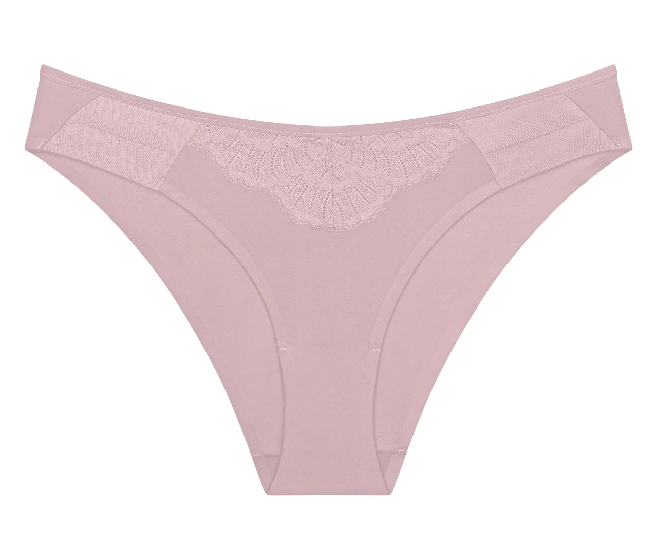 Rosa Slip mit Spitzen- und Netzeinsätzen am Bund.