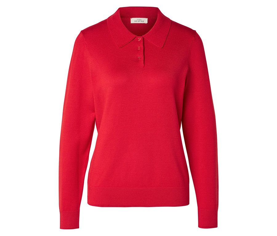 Roter Langarm-Polo-Pullover mit drei Knöpfen.