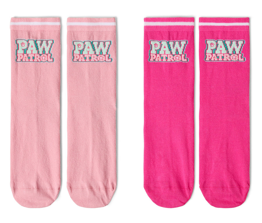 Zwei Paar lange Socken, ein Paar in Rosa mit 'Paw Patrol'-Aufdruck und ein Paar in Pink mit 'Paw Patrol'-Aufdruck.
