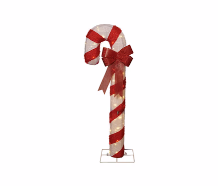 Kleiner LED-Candycane mit weißen und roten Glitzerstreifen, beleuchtet von warmweißen Lichtern. Eine rote Glitzerschleife ist um die Biegung gebunden, er steht auf einem Metallfuß.