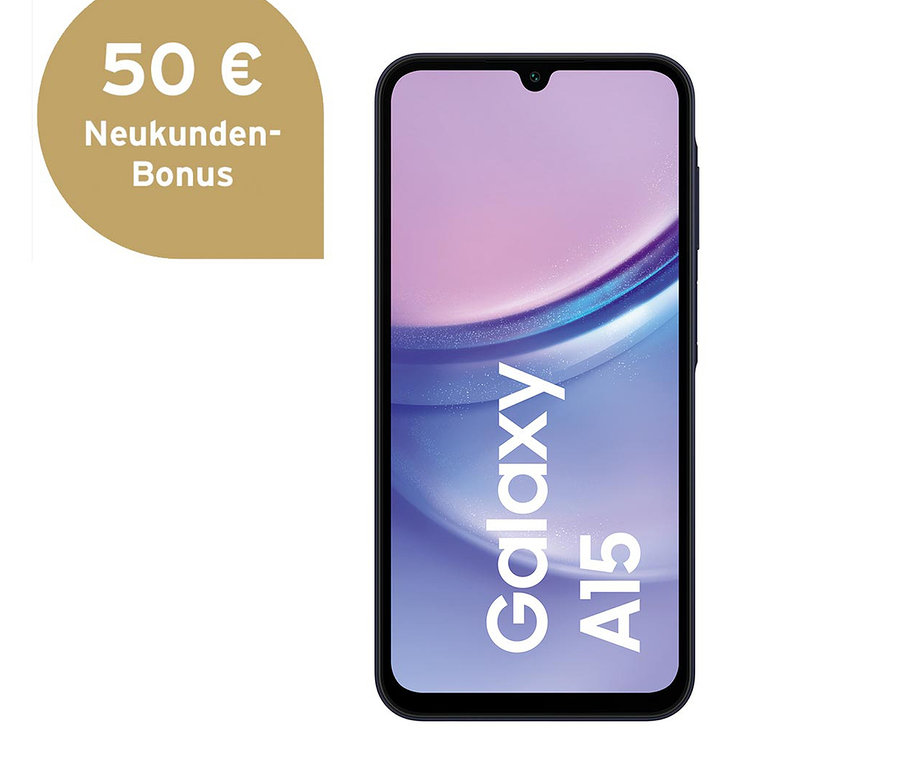 Samsung Galaxy A15 LTE 128GB in Blau-Schwarz vor einem weißen Hintergrund.