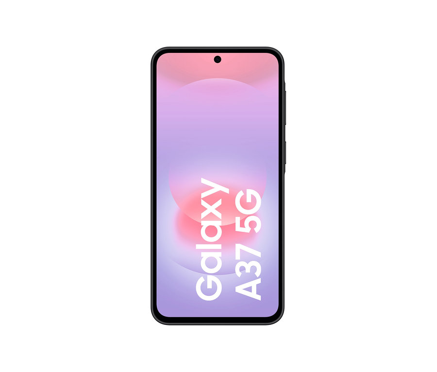 Schwarzes Samsung Galaxy A37 5G Smartphone mit einem lila-rosa abstrakten Hintergrund auf dem Bildschirm, der vertikal den Text „Galaxy A37 5G“ anzeigt.