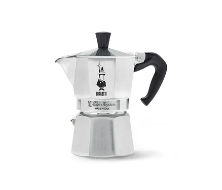 Silberne Bialetti Moka Express Kaffeekanne, 130 ml, mit schwarzem Griff und Knauf, auf weißem Hintergrund.