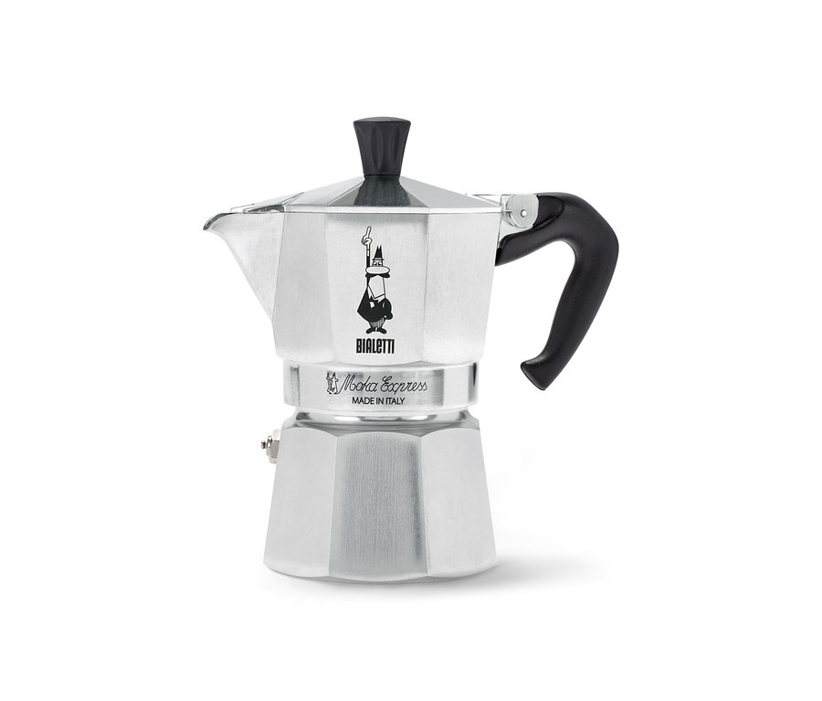 Silberne Bialetti Moka Express Kaffeekanne, 130 ml, mit schwarzem Griff und Knauf, auf weißem Hintergrund.