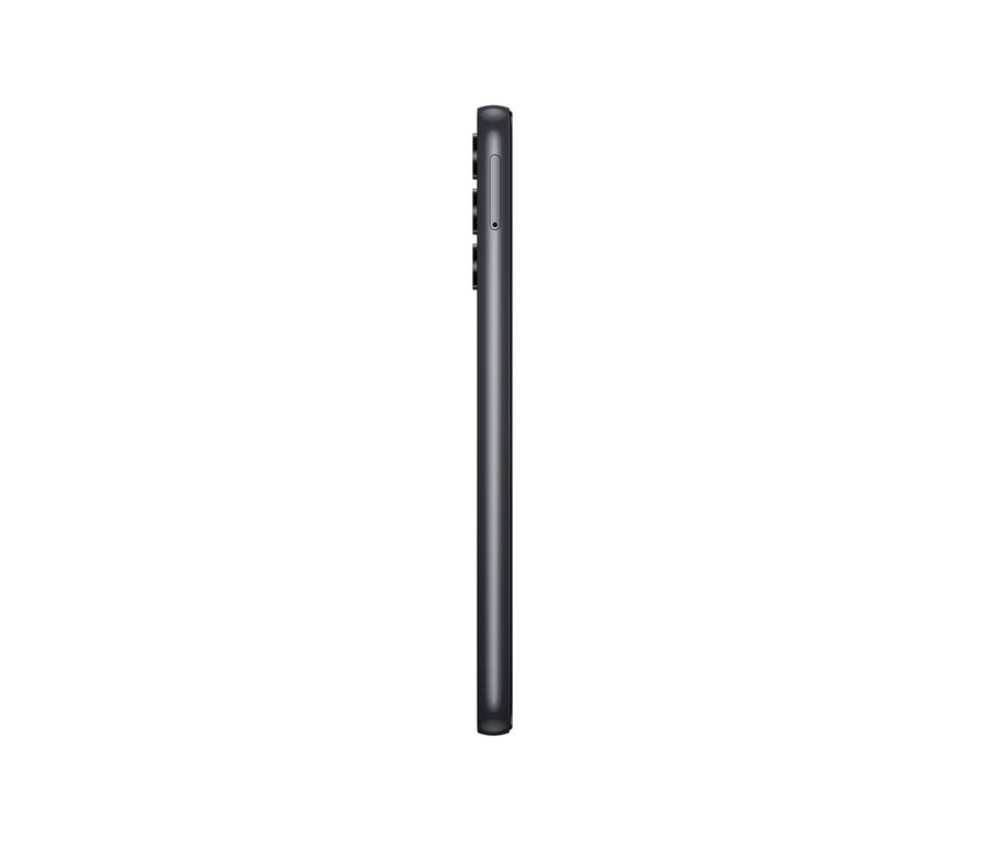 Seitenansicht eines schwarzen Smartphones. Zu sehen ist das Samsung Galaxy A14 LTE 64 GB in Schwarz.