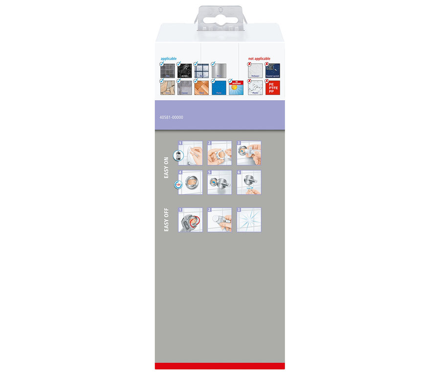 Verpackung des tesa® MOON WC-Bürstenhalters mit Anleitungen zur einfachen Montage und Demontage sowie einer Übersicht kompatibler Oberflächen.