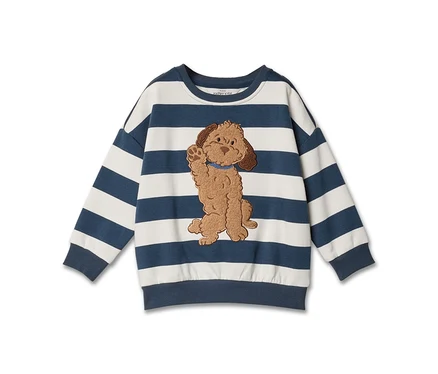 Gestreiftes Kinder-Sweatshirt in Weiß und Marineblau mit gesticktem braunem Hund, der eine Pfote hebt.