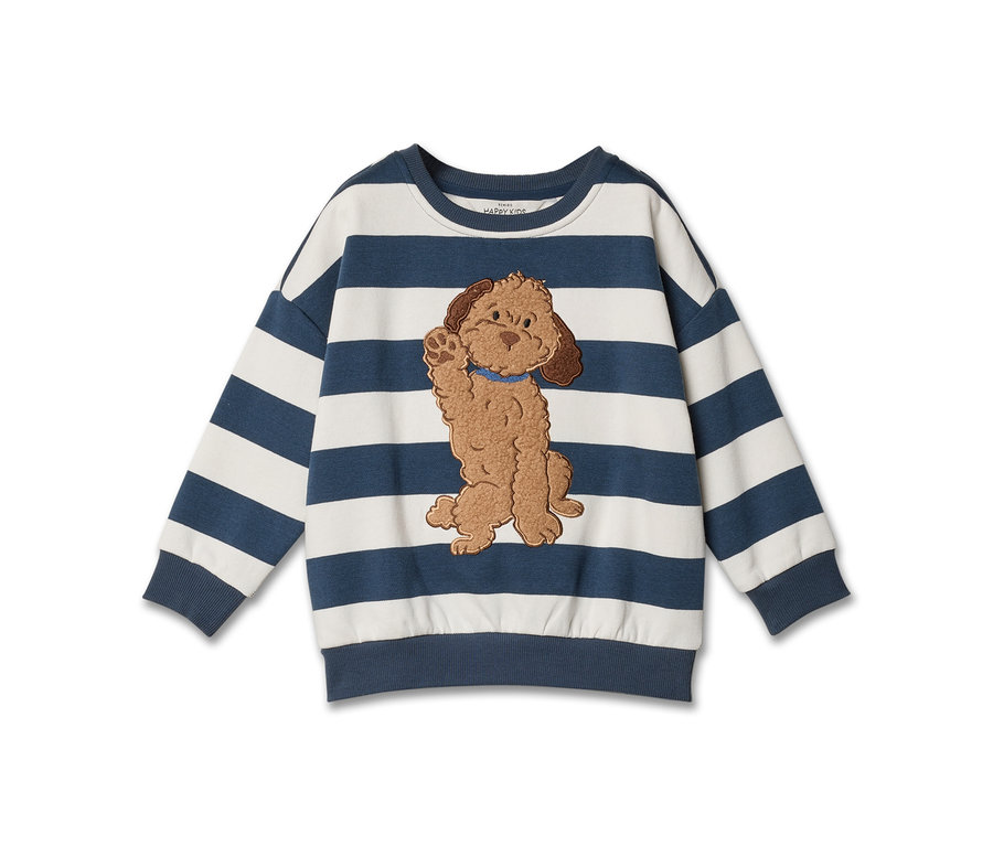 Gestreiftes Kinder-Sweatshirt in Weiß und Marineblau mit gesticktem braunem Hund, der eine Pfote hebt.