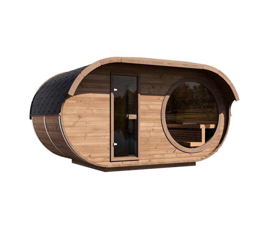 Weka Thermoholz-Saunahaus »Keila« aus hellbraunen Holzplanken, mit ovaler Form, dunklen Dachschindeln, einer Glastür und einem runden Fenster mit Holzbänken.
