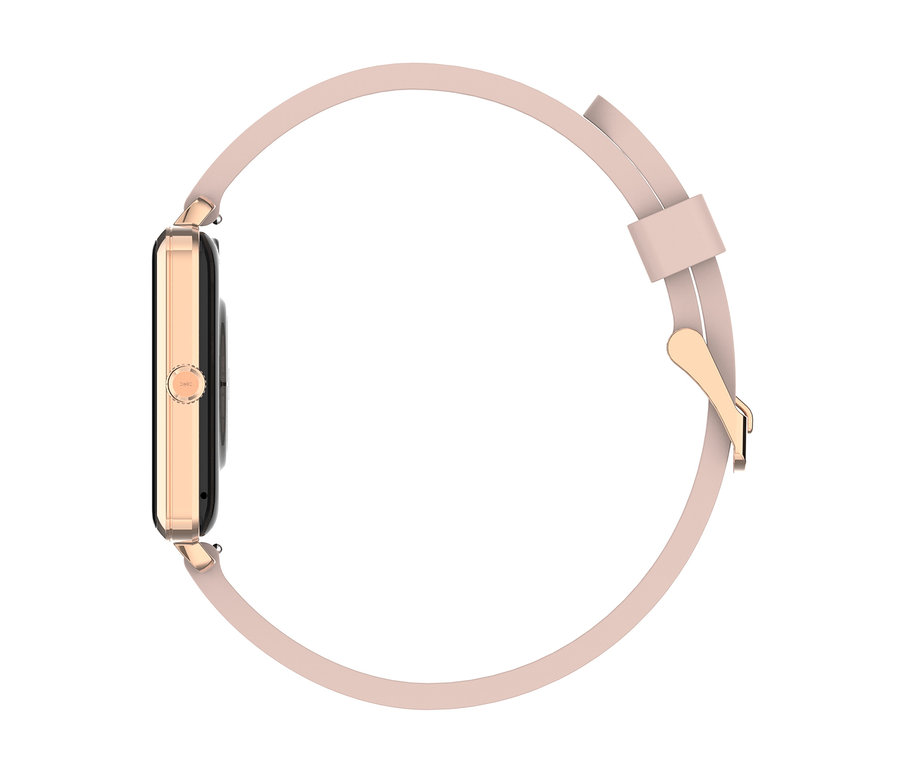 Seitenansicht einer Smartwatch mit rechteckigem, roségoldenem Gehäuse, hellrosa Armband und goldener Schnalle.