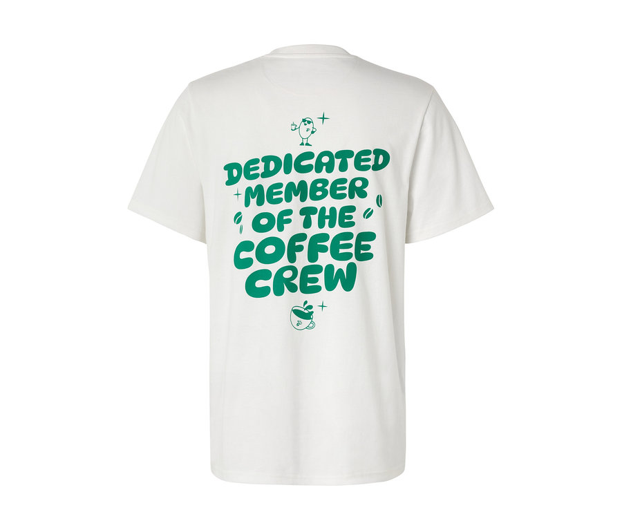 Rückansicht eines weißen Unisex Coffee Crew T-Shirts mit grünem Aufdruck.